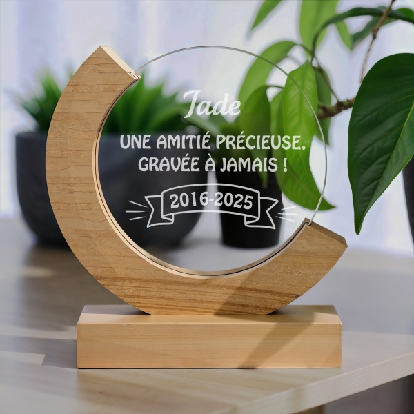 Trophée en verre personnalisé - Modèle rond base bambou - Texte