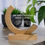 Trophée en verre personnalisé - Modèle rond base bambou - Texte