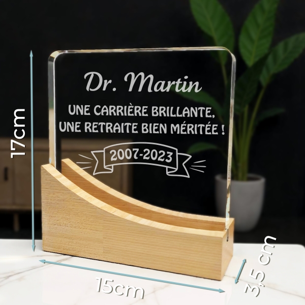 Trophée en verre personnalisable - Modèle carré base bambou - Texte
