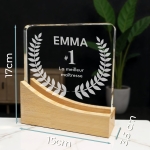 Trophée en verre personnalisable - Modèle carré base bambou - Top 1