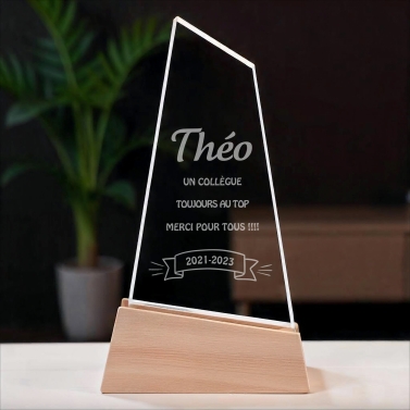 Trophée en verre personnalisable - Modèle triangle base bambou - Texte