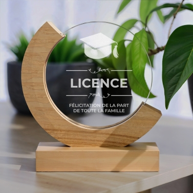 Trophée en verre personnalisé - Modèle rond base bambou - Diplôme