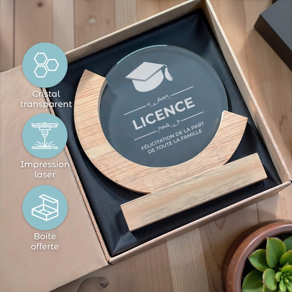 Trophée en verre personnalisé - Modèle rond base bambou - Diplôme