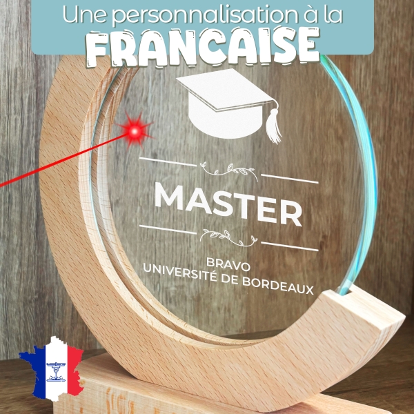 Trophée en verre personnalisé - Modèle rond base bambou - Diplôme