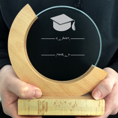 Trophée en verre personnalisé - Modèle rond base bambou - Diplôme