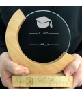 Trophée en verre personnalisé - Modèle rond base bambou - Diplôme