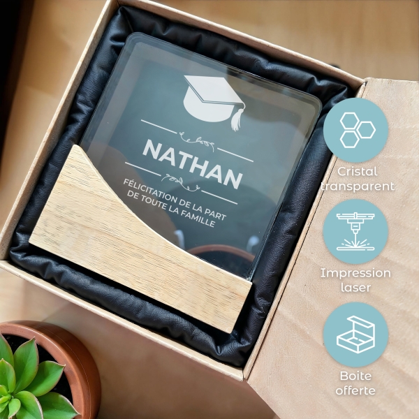 Trophée en verre personnalisable - Modèle carré base bambou - Diplôme