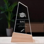 Trophée en verre personnalisable - Modèle triangle base bambou - Diplôme