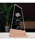 Trophée en verre personnalisable - Modèle triangle base bambou - Diplôme