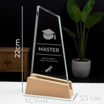 Trophée en verre personnalisable - Modèle triangle base bambou - Diplôme
