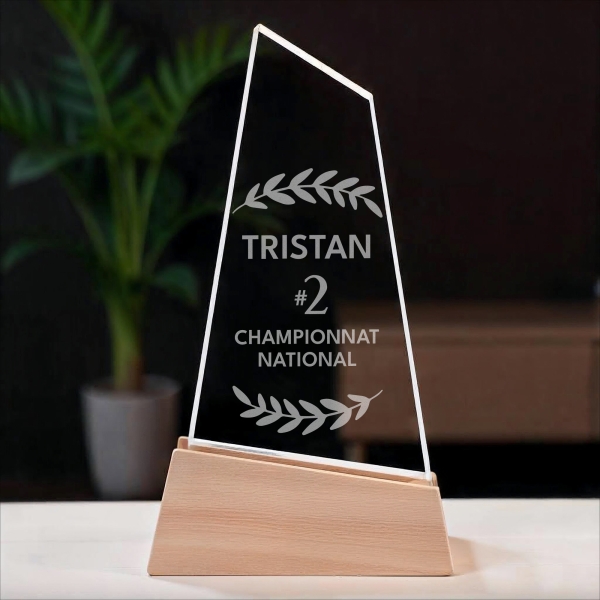 Trophée en verre personnalisable - Modèle triangle base bambou - Top 1