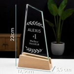 Trophée en verre personnalisable - Modèle triangle base bambou - Top 1
