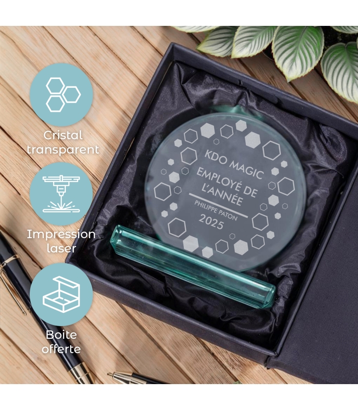 Trophée Personnalisée Cadeau - Trophée Diplome Reussite Examen Personnalisable en Verre Rond 14 cm - Cadeau Diplome Homme Femme
