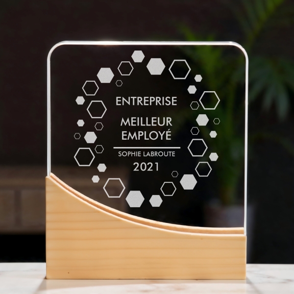Trophée en verre personnalisable - Modèle carré base bambou - Entreprise