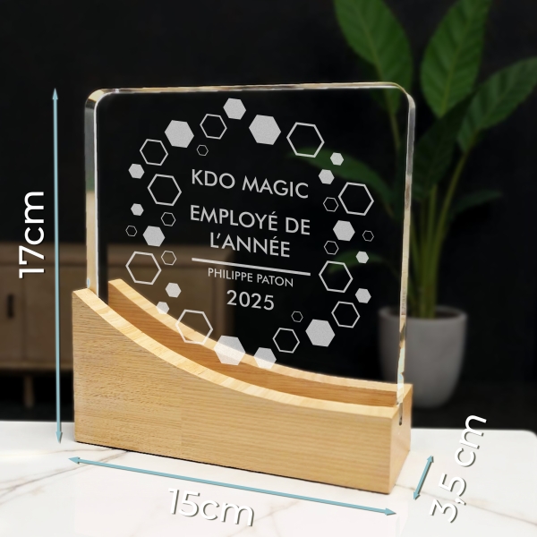 Trophée en verre personnalisable - Modèle carré base bambou - Entreprise