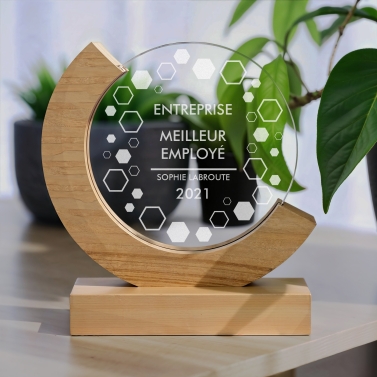 Trophée en verre personnalisé - Modèle rond base bambou - Entreprise