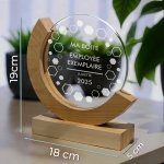 Trophée en verre personnalisé - Modèle rond base bambou - Entreprise