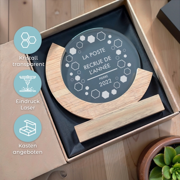 Trophée en verre personnalisé - Modèle rond base bambou - Entreprise