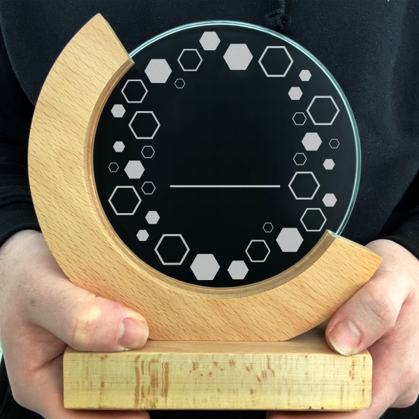 Trophée en verre personnalisé - Modèle rond base bambou - Entreprise