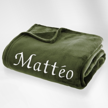 Plaid microfibre Vert Kaki 125x150 brodé