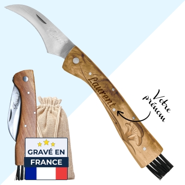 Couteau champignon en bois gravé avec votre prénom - couleur marron