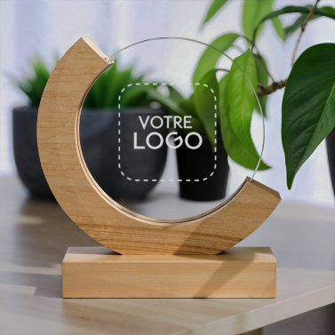Trophée en verre personnalisé avec votre logo - Modèle rond base bambou