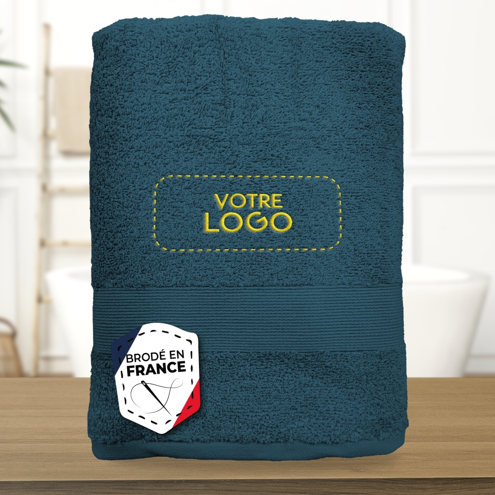 Serviette de bain bleu égéen personnalisée avec votre logo - 450gr/m²