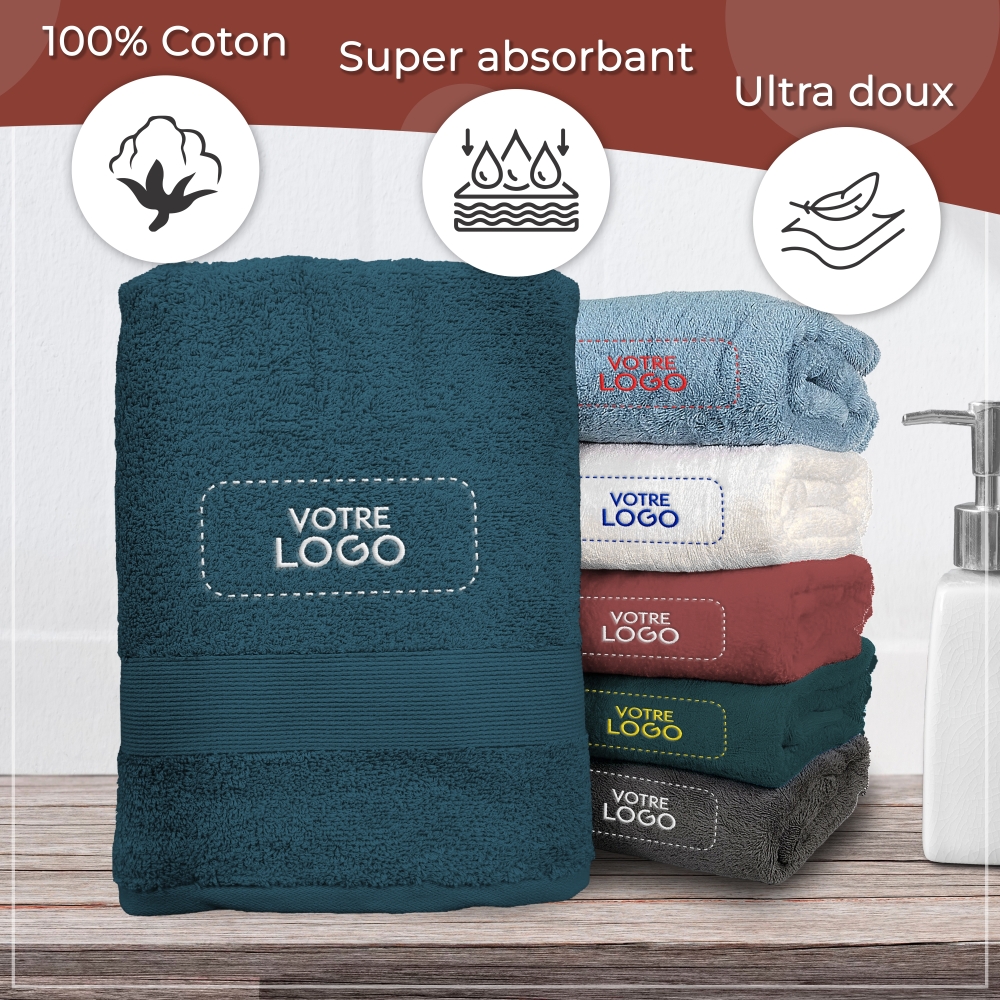 Serviette de bain bleu égéen personnalisée avec votre logo - 450gr/m²