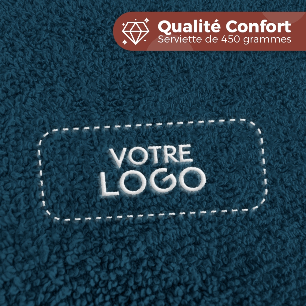Serviette de bain bleu égéen personnalisée avec votre logo - 450gr/m²