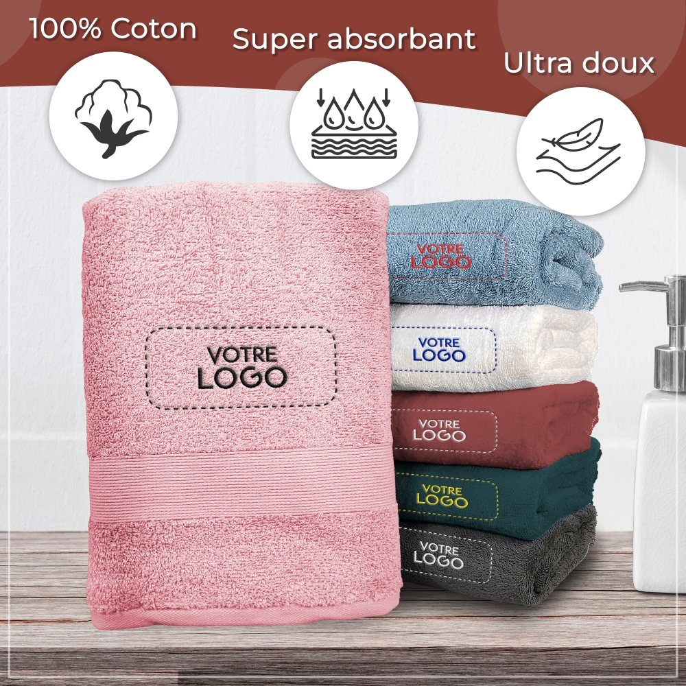 Serviette de bain rose personnalisée avec votre logo - 450gr/m²