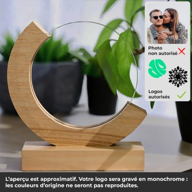 Trophée en verre personnalisé avec votre logo - Modèle rond base bambou
