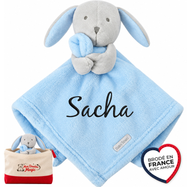 Doudou lapin bleu personnalisé