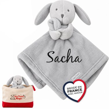 Doudou lapin gris brodé avec un prénom